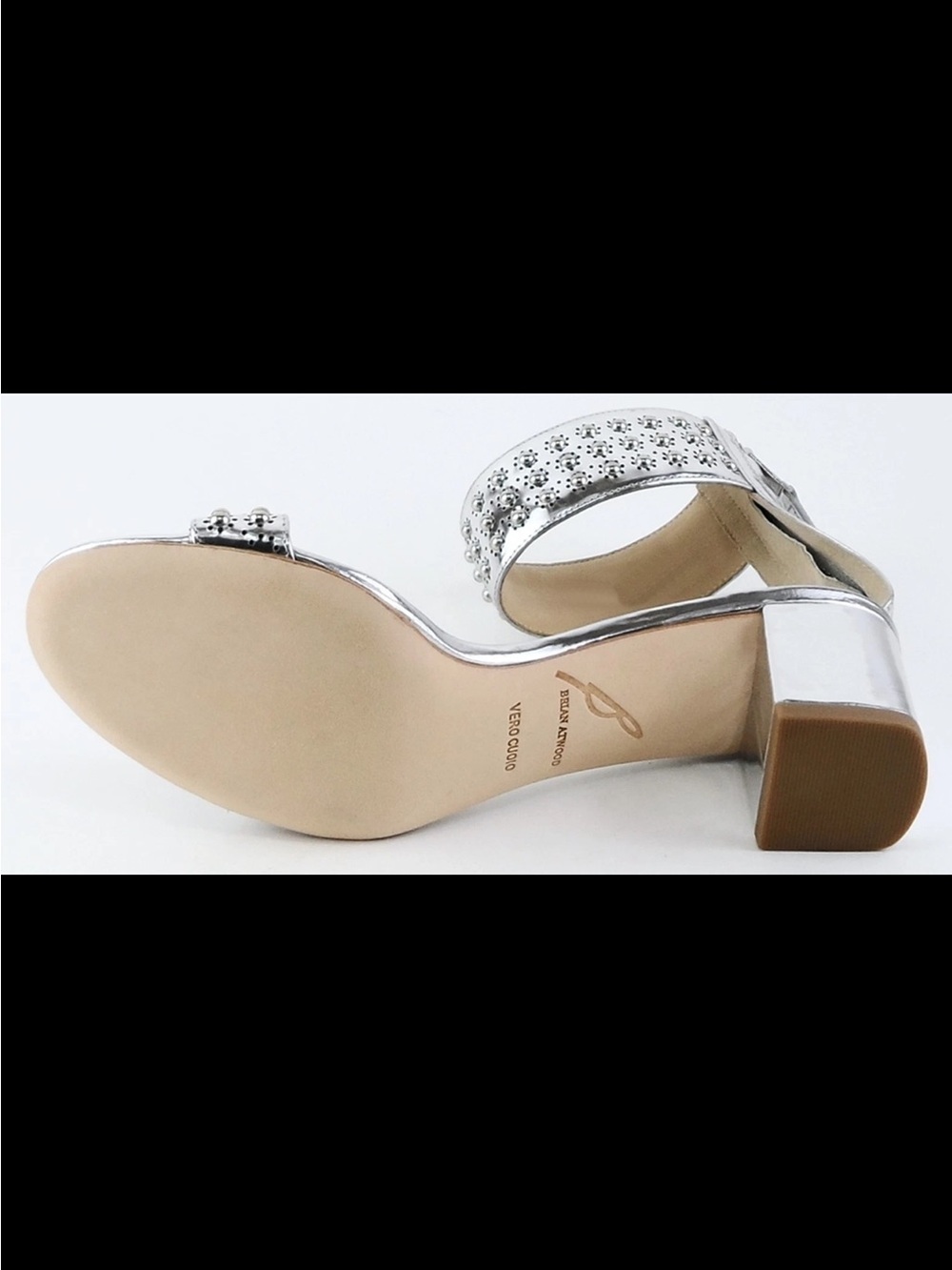 Brian Atwood Kendyll Silver Studded Low Heel Sandals Sz 6.5 - Picture 3 of 15